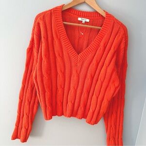 MADEWELL Cable Knit V-Neck Crop Sweater - Roasted Squash / Orange Sz L